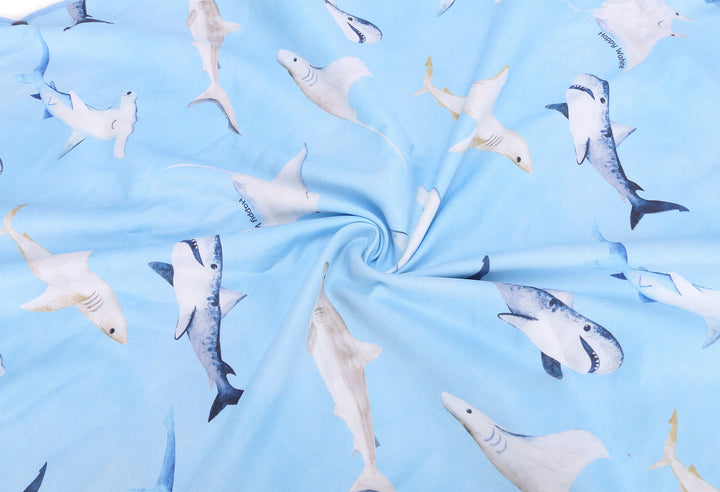Hooded Beach Towel Poncho Teenager Happy Sharks Blue
