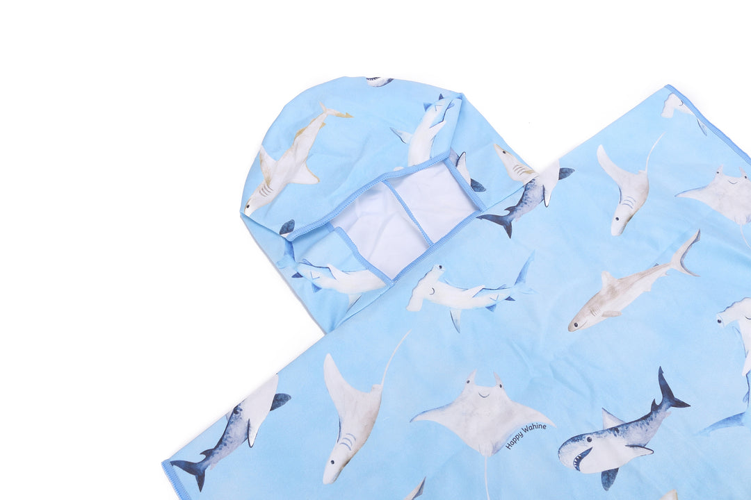 Hooded Beach Towel Poncho Kids Happy Sharks Blue