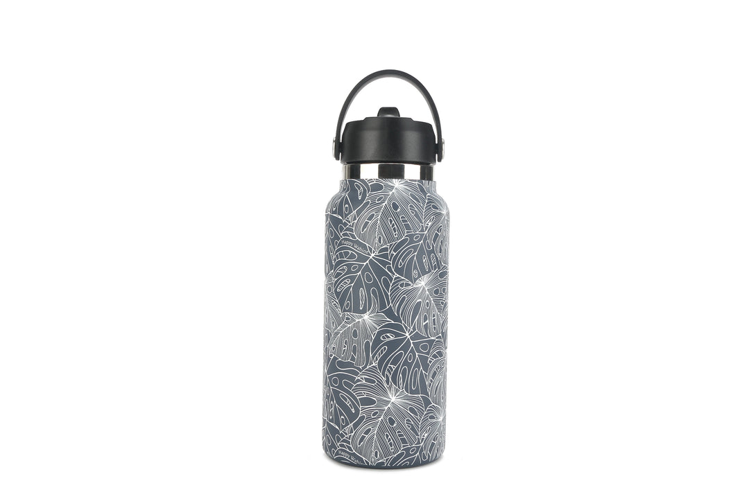Insulated Water Bottle 32oz Monstera Lines Grey