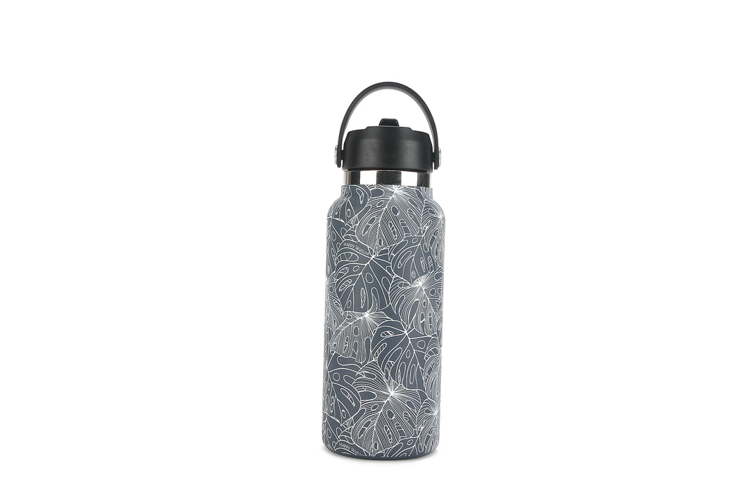 Insulated Water Bottle 32oz Monstera Lines Grey