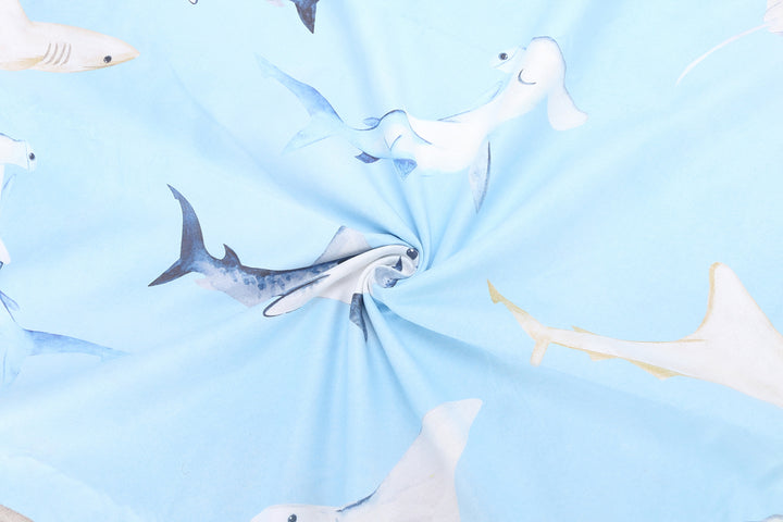 Sand-free Reversible Beach Towel Happy Sharks Blue Fish ʻOhana Blue