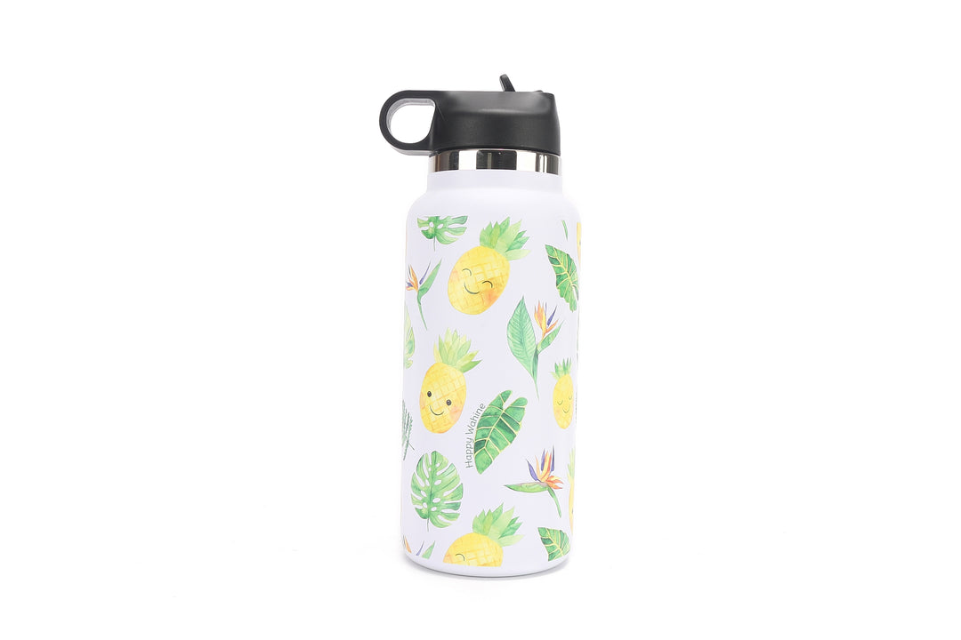 Insulated Water Bottle 32oz Pineapple Monstera White