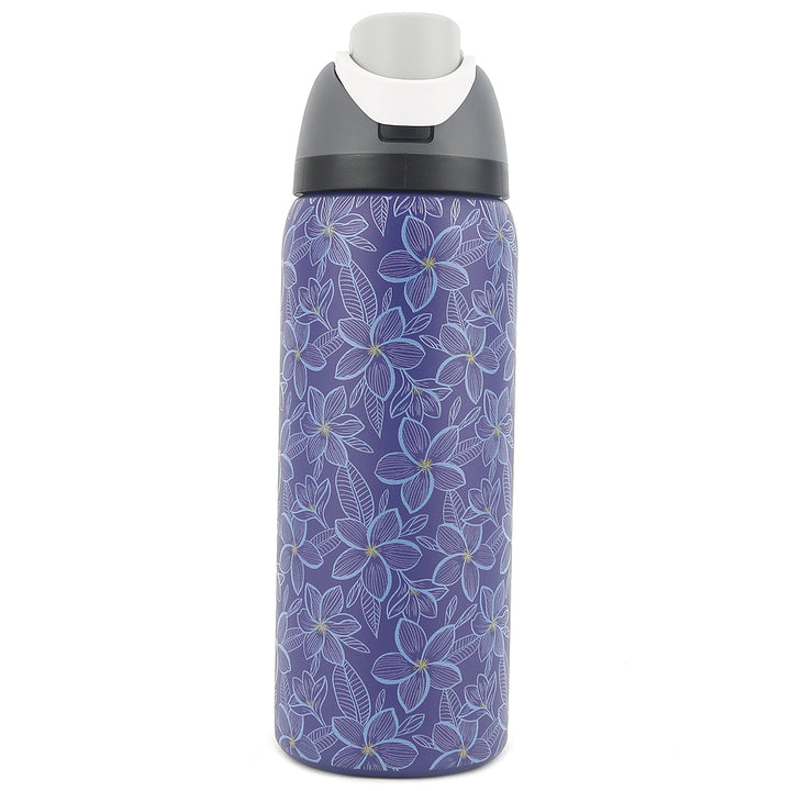 Insulated Water Bottle 32oz Snap Plumeria Blue