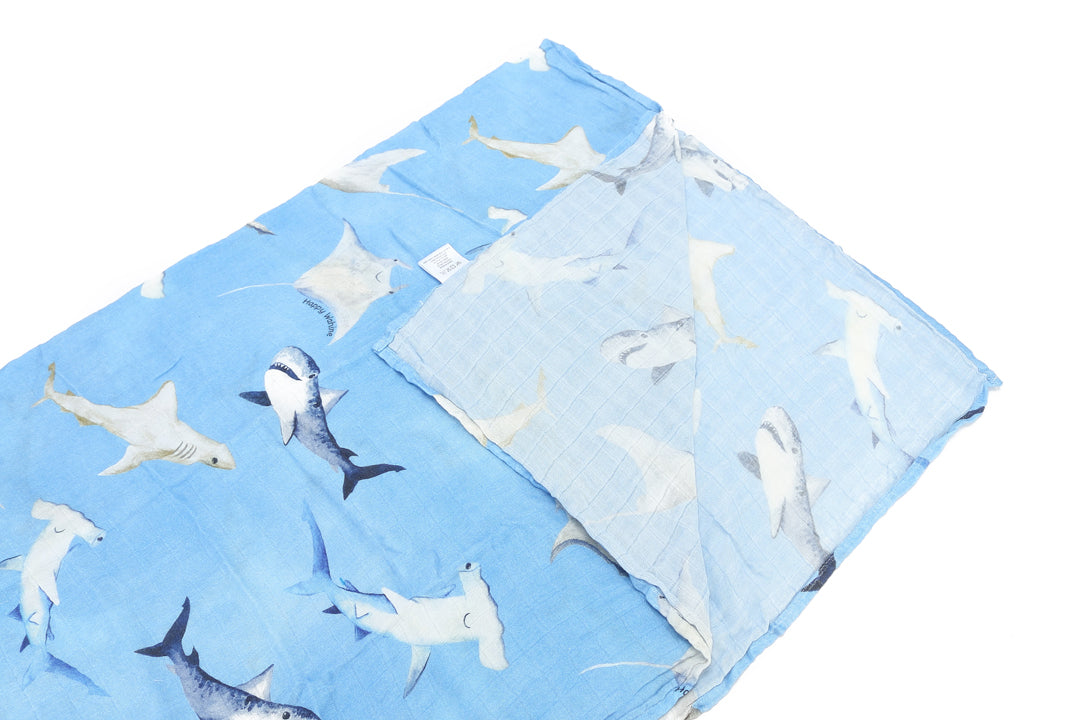 Baby Muslin Swaddle Happy Shark Blue