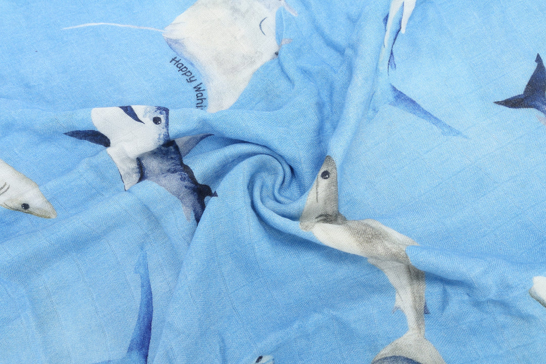 Baby Muslin Swaddle Happy Shark Blue