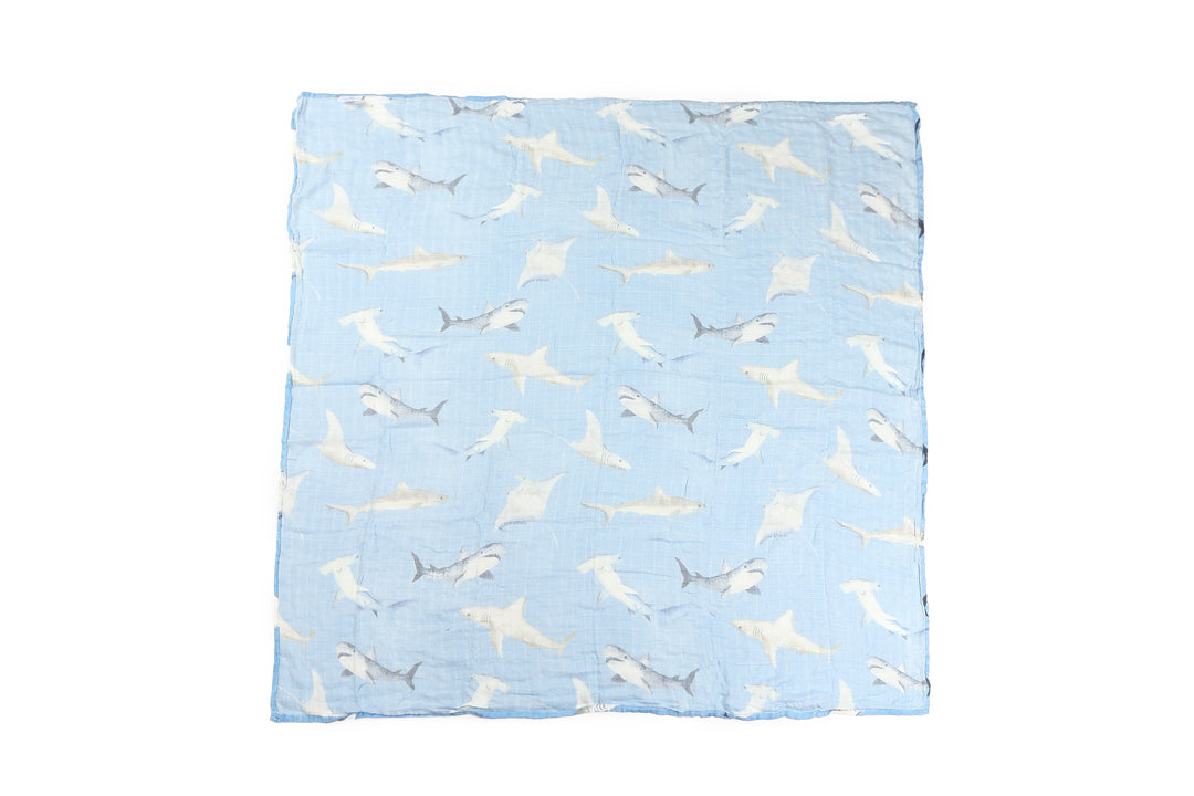 Baby Muslin Swaddle Happy Shark Blue