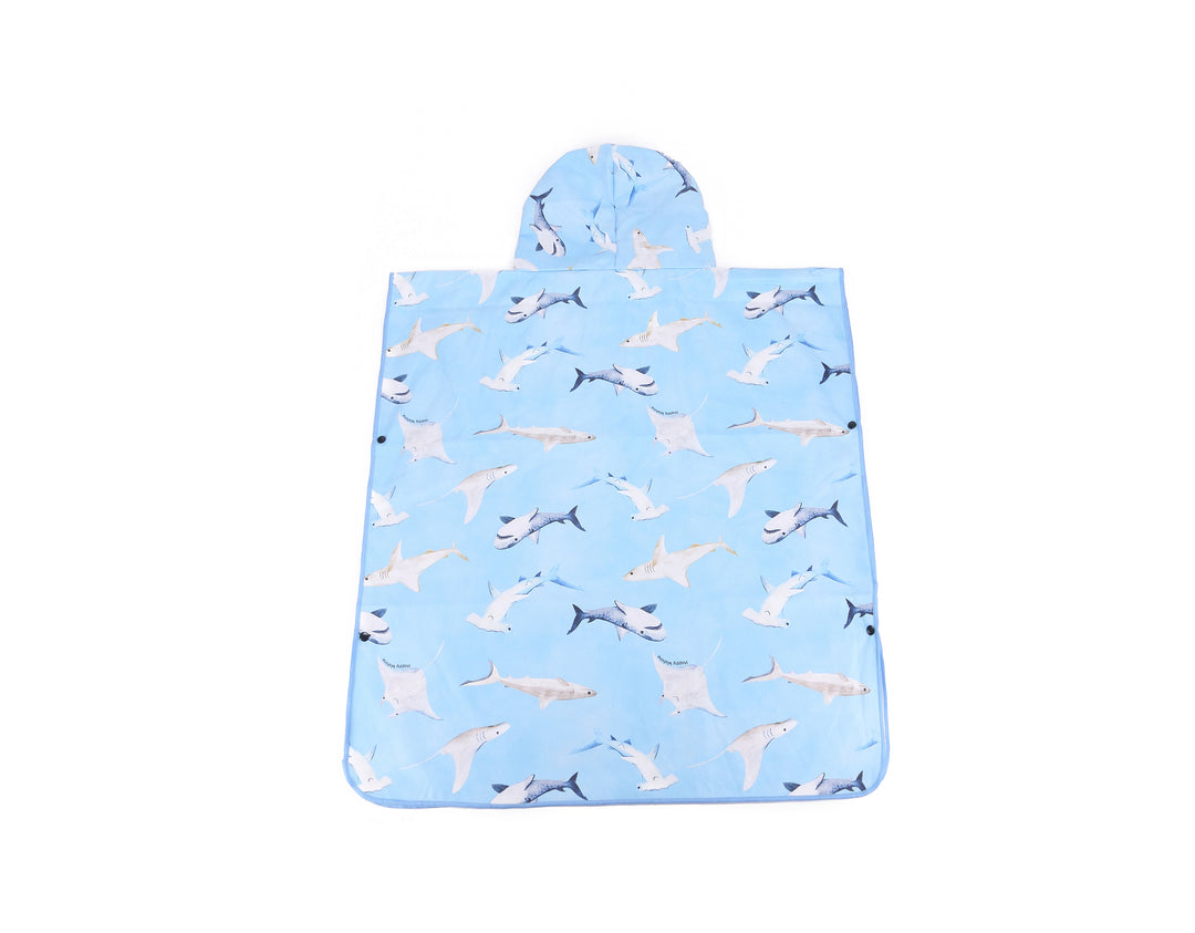 Hooded Beach Towel Poncho Teenager Happy Sharks Blue