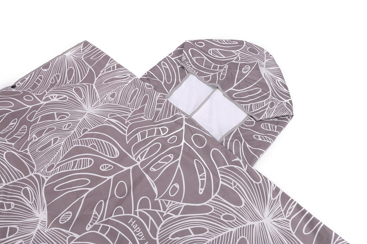 Hooded Beach Towel Poncho Adult Monstera Lines Grey
