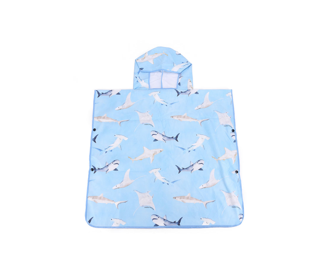 Hooded Beach Towel Poncho Kids Happy Sharks Blue