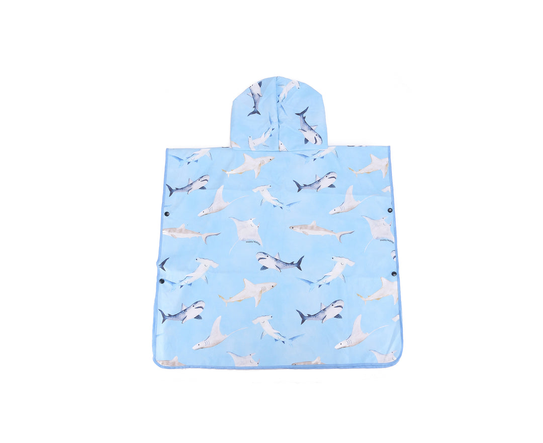 Hooded Beach Towel Poncho Kids Happy Sharks Blue