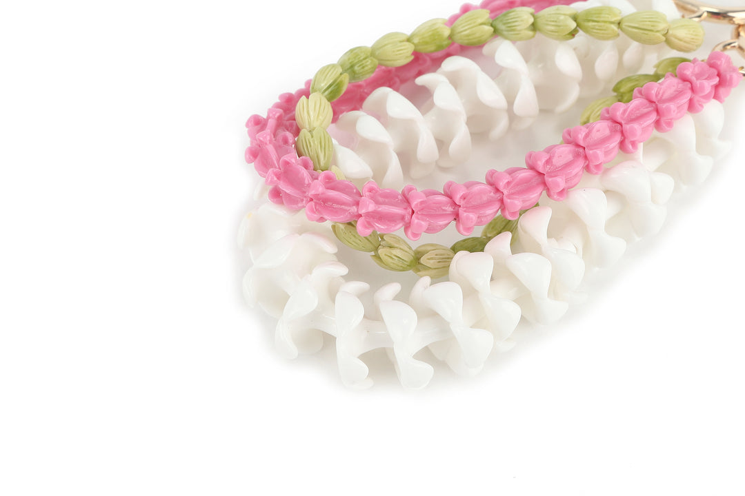 Lei Deco Charm 3 Strand Plumeria White Pikake Green Crownflower Pink