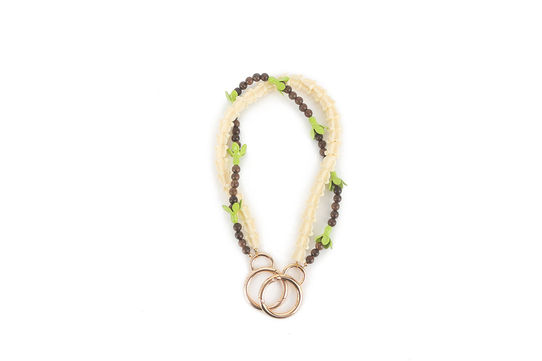 Lei Deco Charm 2-std Green Pakalana Wood Bead Crown White