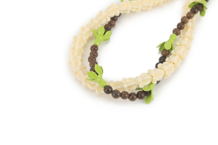 Lei Deco Charm 2-std Green Pakalana Wood Bead Crown White
