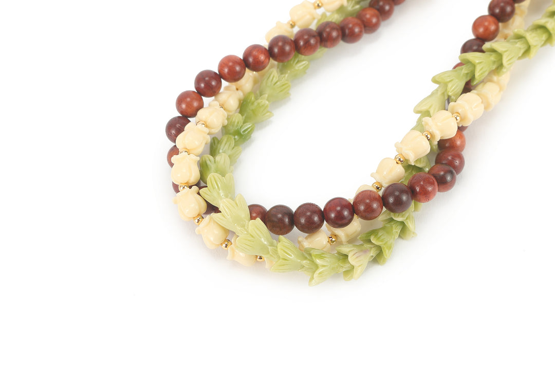 Lei Deco Charm 3-std White Pikake Green Pakalana Wood Bead
