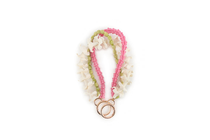 Lei Deco Charm 3 Strand Plumeria White Pikake Green Crownflower Pink