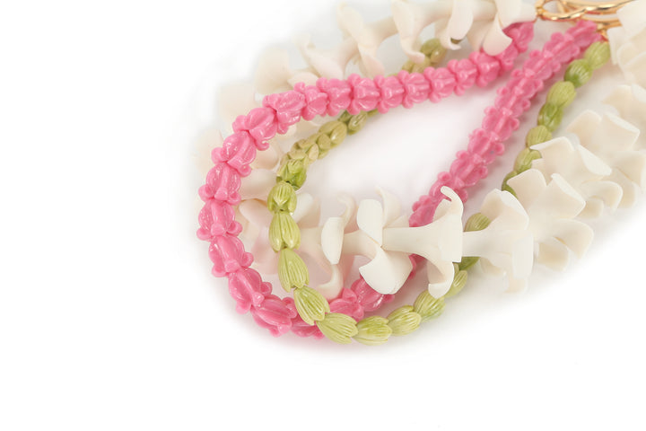 Lei Deco Charm 3 Strand Plumeria White Pikake Green Crownflower Pink