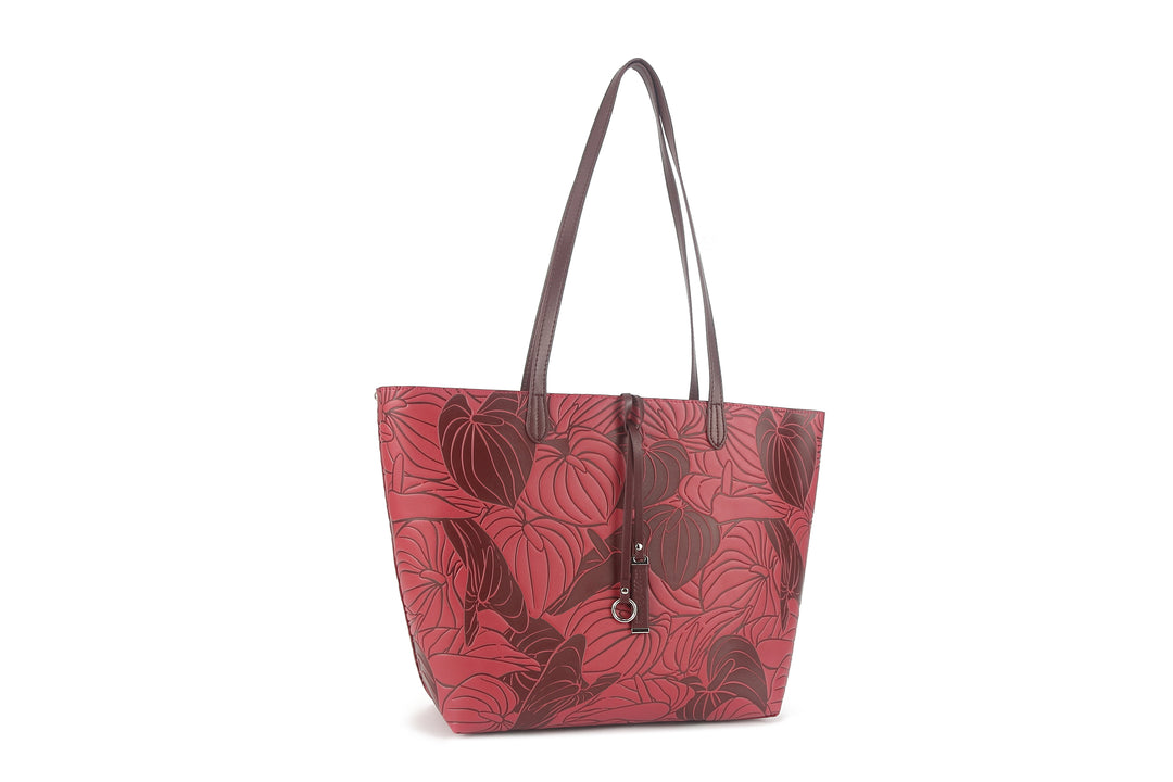 Reversible Tote Nancy Large Anthurium Embossed Brown-Red