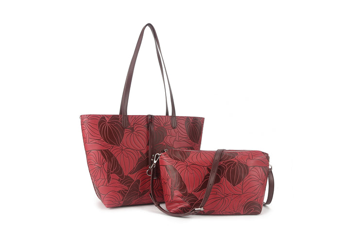 Reversible Tote Nancy Large Anthurium Embossed Brown-Red