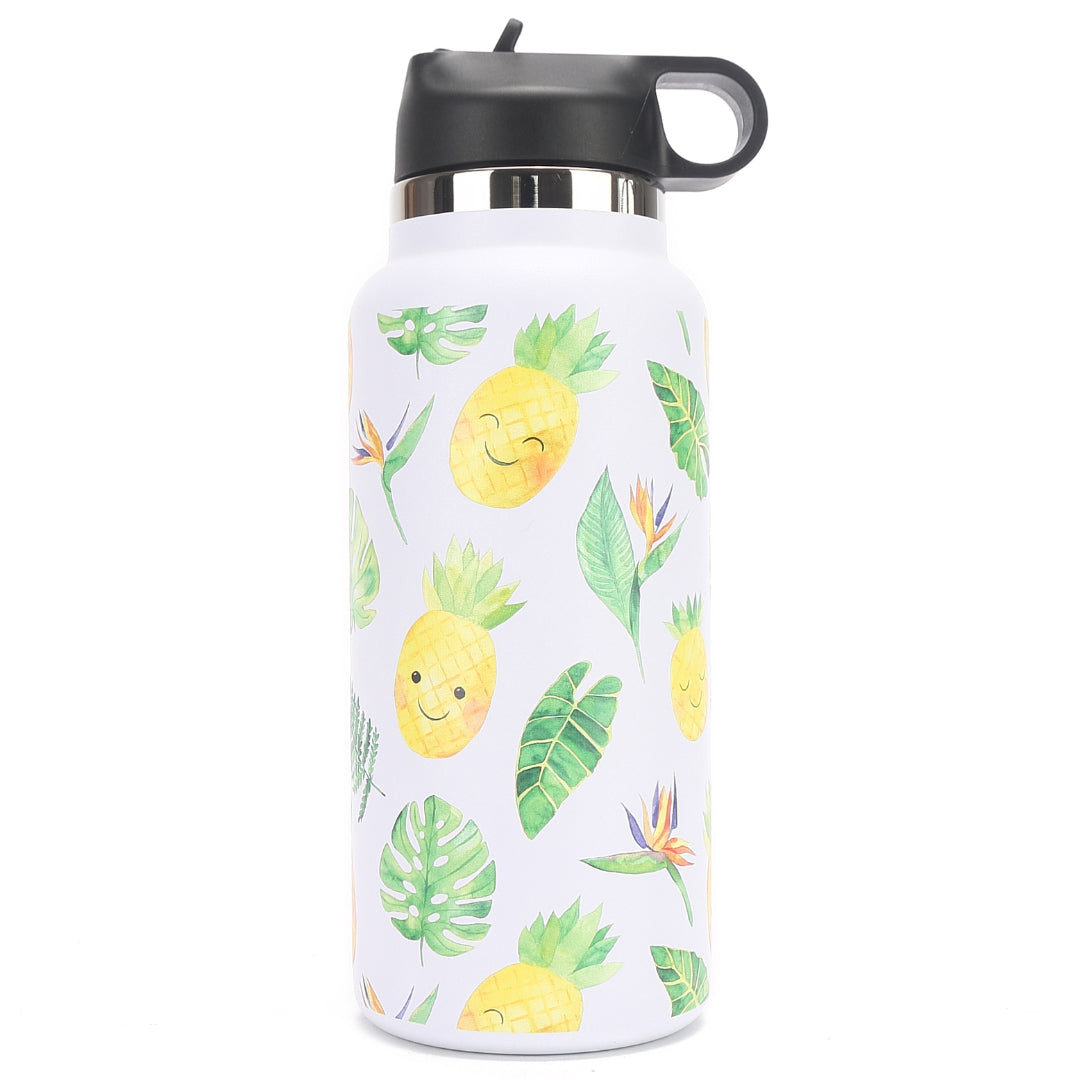 Insulated Water Bottle 32oz Pineapple Monstera White