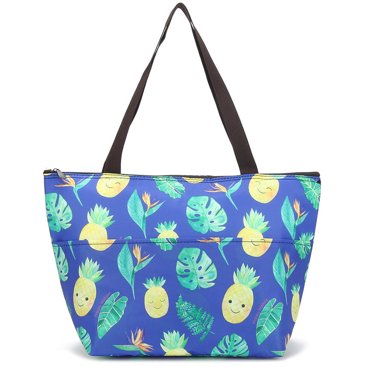 Insulated Lunch Tote Large Pineapple Monstera Blue