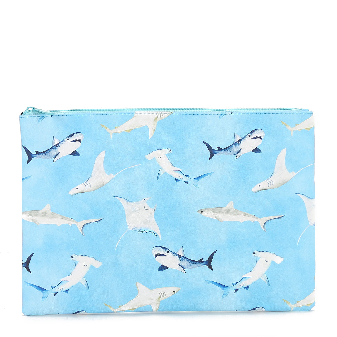 Pouch Zip Large Happy Sharks Blue