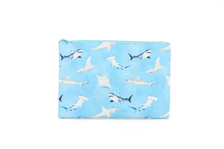 Pouch Zip Large Happy Sharks Blue