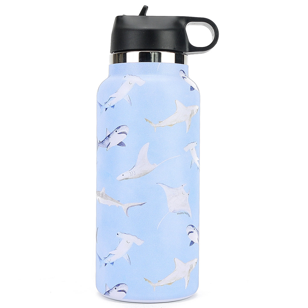 Insulated Water Bottle 32oz Happy Sharks Blue