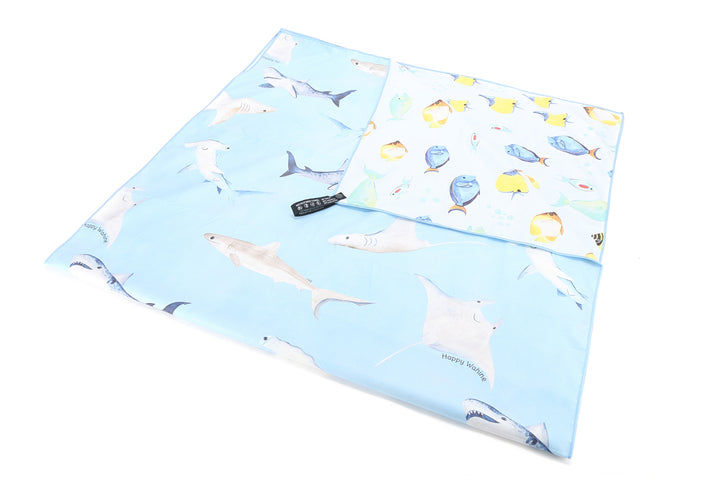 Sand-free Reversible Beach Towel Happy Sharks Blue Fish ʻOhana Blue