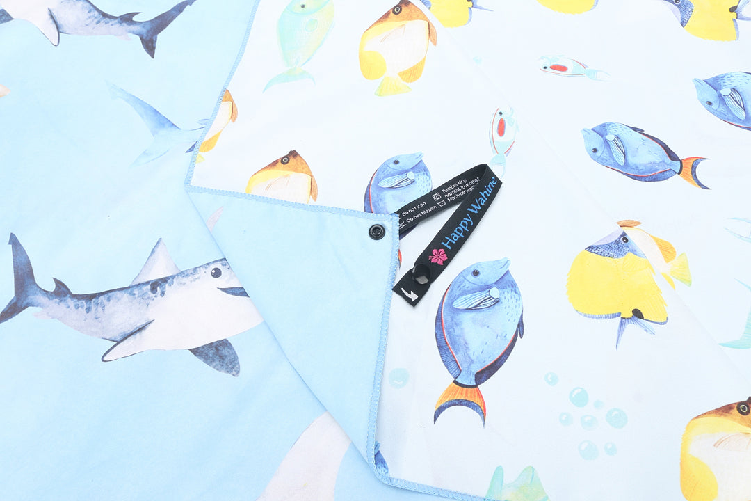 Sand-free Reversible Beach Towel Happy Sharks Blue Fish ʻOhana Blue