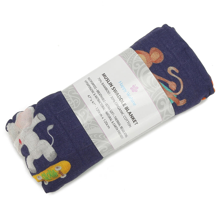 Baby Muslin Swaddle Zoo Animals Navy