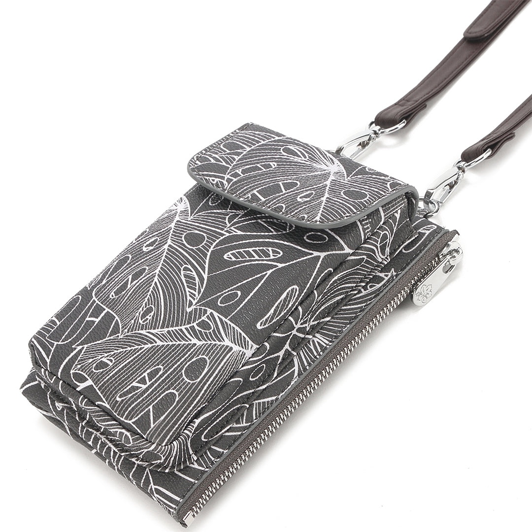 Crossbody Phone Wallet Anna Monstera Lines Grey