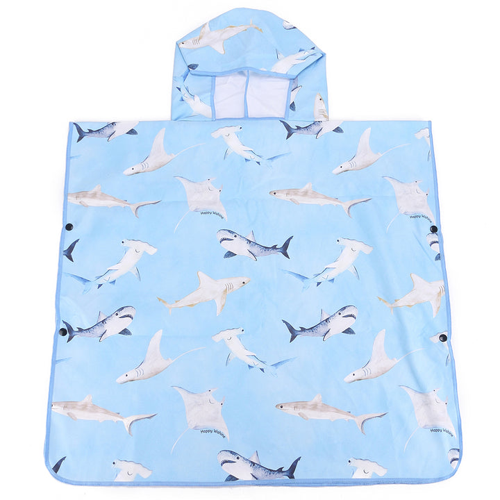 Hooded Beach Towel Poncho Kids Happy Sharks Blue