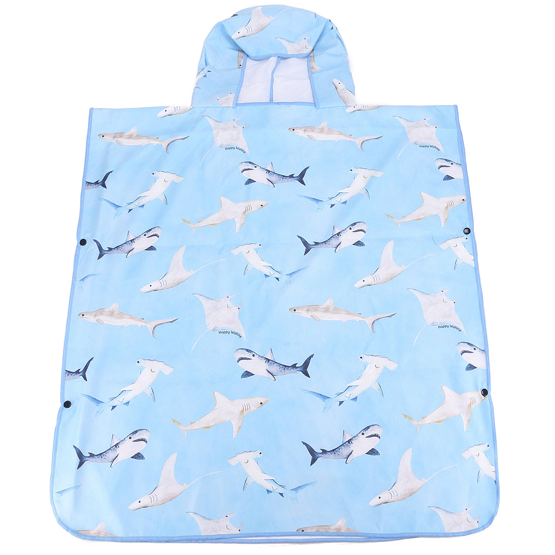 Hooded Beach Towel Poncho Teenager Happy Sharks Blue