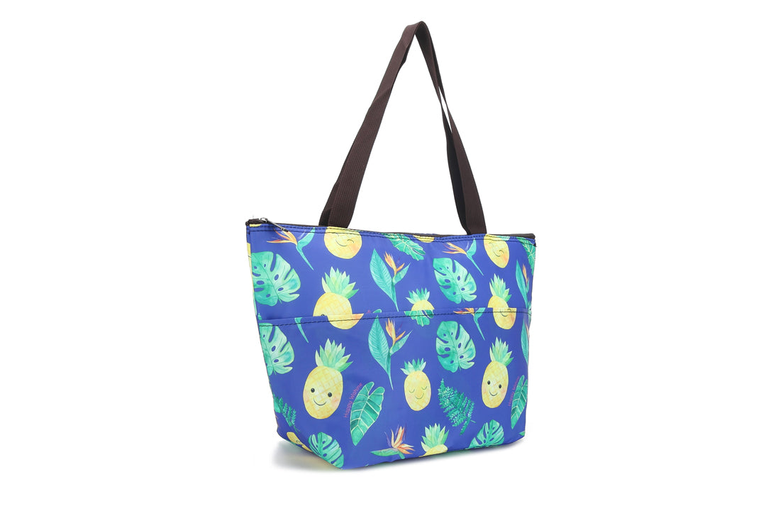 Insulated Lunch Tote Large Pineapple Monstera Blue